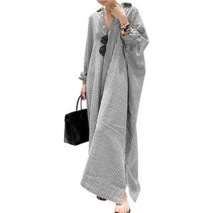 chouyatou Women's Casual Long Sleeve Button Down Loose Striped Cotton Maxi